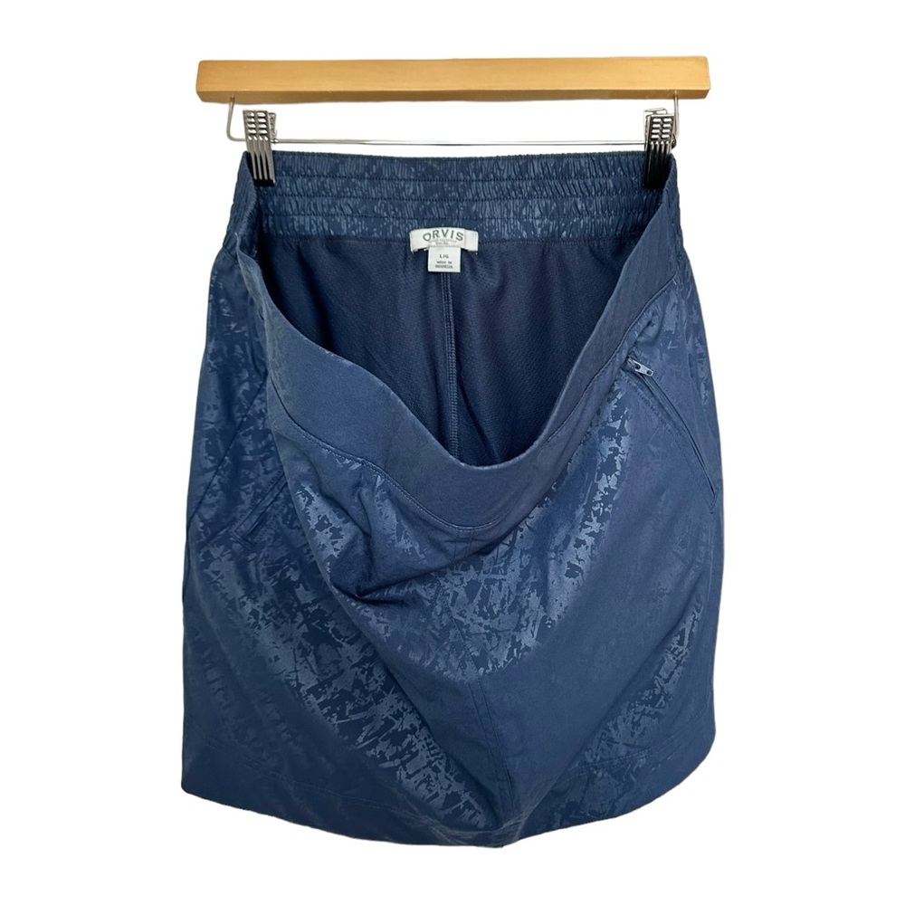 Orvis Travel Skort Blue Embossed Print Pull On Built In Short Zip Pockets Size L - Picture 8 of 13